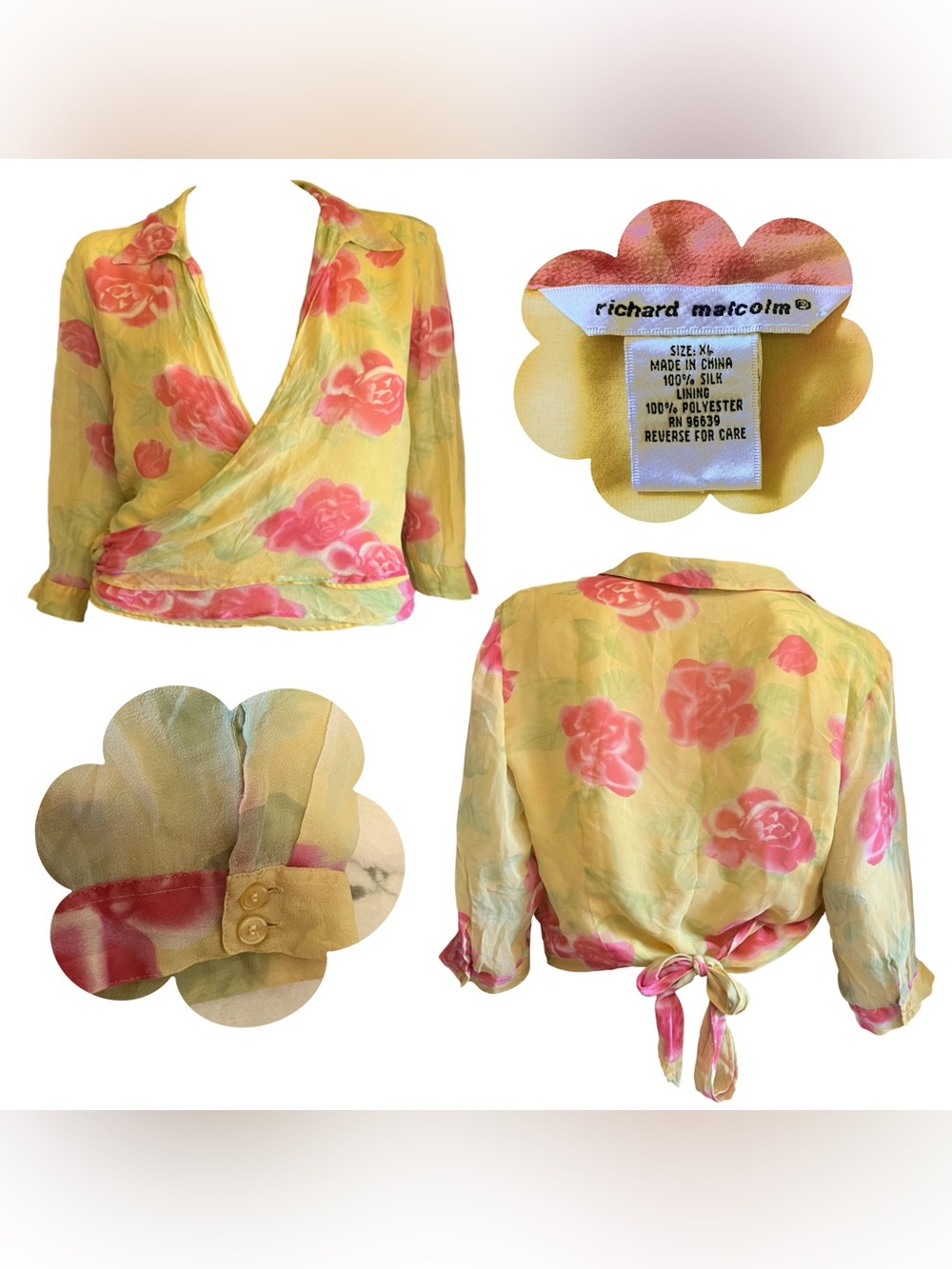 RARE 100% Silk Vintage Y2K Pink & Yellow Fairycore 3/4 Sleeve Wrap Top